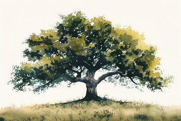 A watercolor painting of an ancient oak tree with gnarled branches and lush green leaves