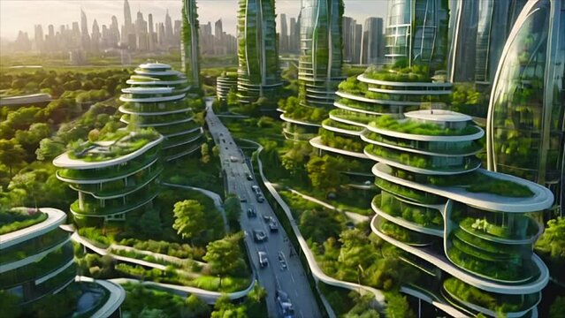A futuristic urban panorama showcasing high-tech buildings harmonizing with abundant green surroundings, meeting ecologically recommended standards. Generated with AI