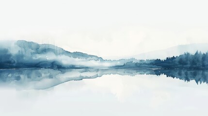 Obraz premium Generate a watercolor painting of a serene lake and mountain landscape. The scene should be peaceful and tranquil. The colors should be muted and the brushstrokes should be soft.