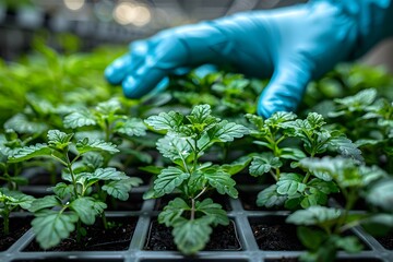 Cultivating Young Plants in Greenhouse: Gardener s Hand Tending Seedlings