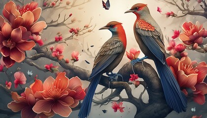 Egzotyczne, kolorowe ptaki siedzące na drzewach. W tle orientalny ogród. Grafika, tapeta