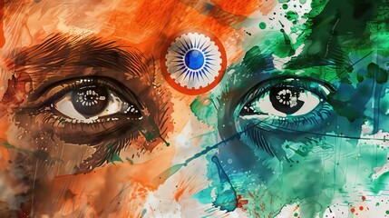 A close-up view of a person's face painted with the vibrant colors of the Indian flag. This image can be used to celebrate Indian festivals, cultural events, or to show patriotism.