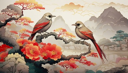 Egzotyczne, kolorowe ptaki siedzące na drzewach. W tle orientalny ogród. Grafika, tapeta
