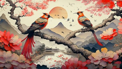 Exotic, colorful birds sitting on flowering trees. An oriental garden in the background. Graphics, wallpaper