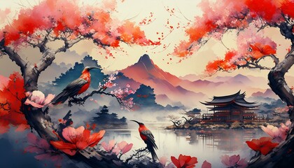 Exotic, colorful birds sitting on flowering trees. An oriental garden in the background. Graphics, wallpaper