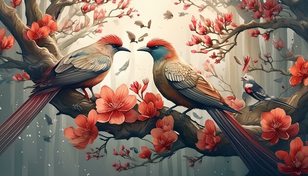 Egzotyczne, kolorowe ptaki siedzące na drzewie pokrytym kolorowymi kwiatami. Odcienie czerwieni, bordo. Tapeta, grafika