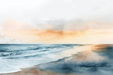 Obraz premium Aquarelle painting of a beach at sunset in muted colors.