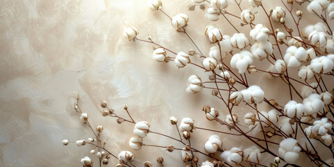 Beautiful cotton flowers decoration on a white wall with a soft glowing light background
