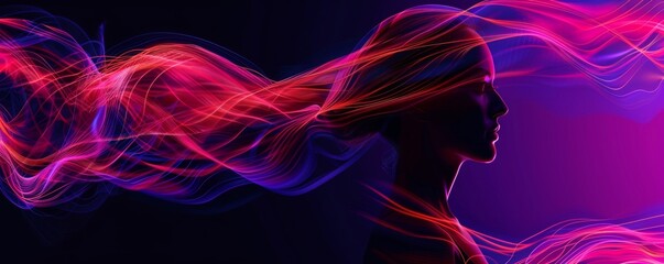 Silhouette of a woman with flowing neon light trails