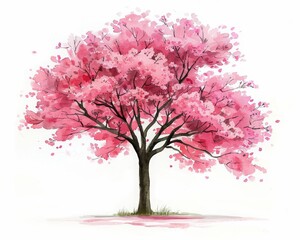 A watercolor painting of a cherry blossom tree in full bloom