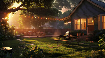 A calm backyard at dusk with string lights illuminating a wooden deck, a charming house, leading to a grassy area bordered by a neat fence and cozy picnic table,amidst lush green trees