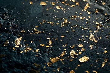 A close-up of gold leaf flakes scattered across a dark, textured surface