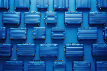 Row of blue suitcases on blue background with word travel in the corner, concept for vacation and adventure