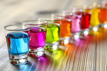 Vibrant shot glasses in different colors lined up on a wooden table