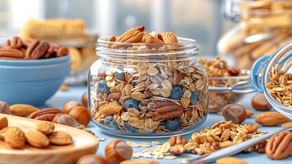 Fototapeta premium Homemade granola in a glass jar showcases wholesome oats and nuts . Concept Food Photography, Homemade Granola, Glass Jar, Oats and Nuts, Wholesome Snack