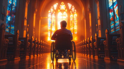 Obraz premium man in a wheelchair in a church