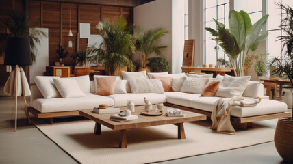 Fototapeta premium minimalist interior open space design modular sofa, furniture, wooden coffee tables, pillows, tropical plants elegant personal accessories in stylish home decor. Neutral living room
