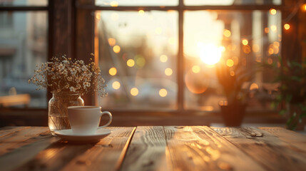 Cup of coffee and vase with surface on wooden surface