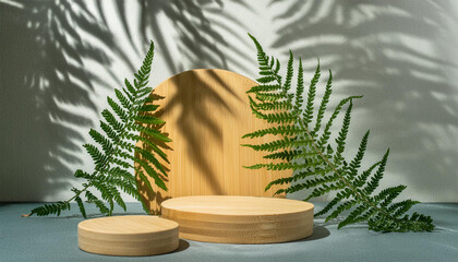 wooden podium on grey background with green leaves