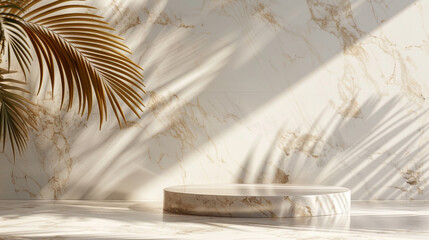 Marble backdrop with podium and golden palm leaf