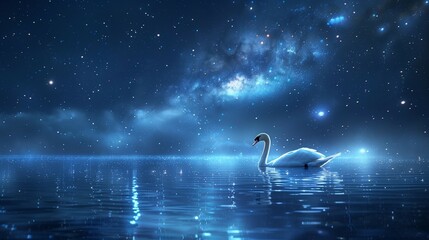 Midnight Serenity: Swan Gliding on Starlit Lake, generative ai