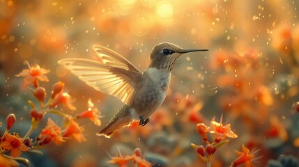 Obraz premium Vibrant Energetic Hummingbird Hovering in Flower Garden, generative ai