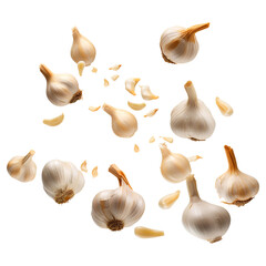 flying garlic and cloves isolated on transparent background