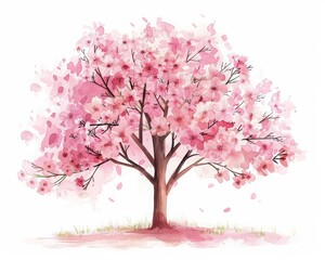 A tall cherry blossom tree with delicate pink blossoms and a few green leaves. The tree is set against a soft white background.