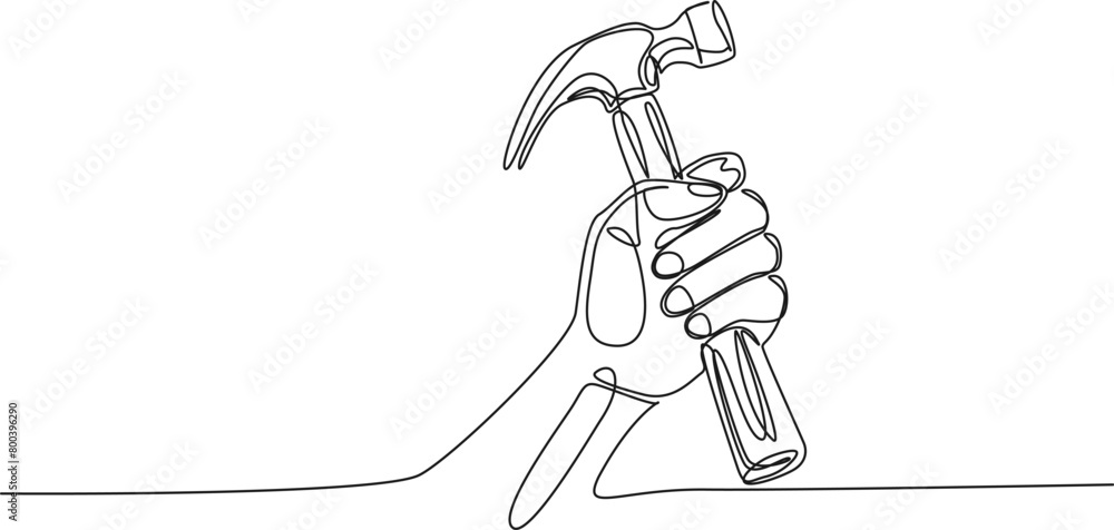 Wall mural continuous single line drawing of hand holding hammer, line art vector illustration