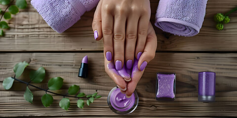 care for woman hands, Purple.nail ,Human Fingers Beautiful Manicure