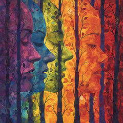 The panoramic view of trees with faces leaves and colorful