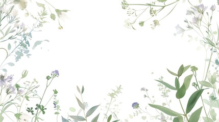summer, watercolour, rectangle frame surrounding frame of thyme herbs delicate pale blue purple flowers delicate deep green vines leaves floral meadow mix individually spaced white background frame