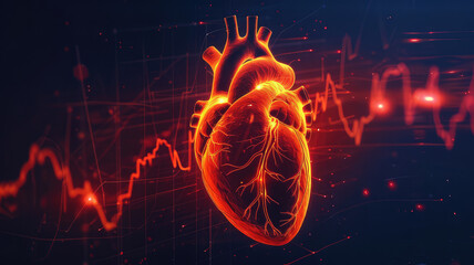 Human heart with cardio pulse line  chromosome and Flowing red blood cells