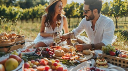 Beautiful couple having romantic breakfast with lots of tasty food and wine, sitting together on the picnic blanket at the vineyard on a sunny morning - Powered by Adobe