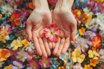 Woman hands among the spring flowers. Floral background with beautiful female hands. Natural cosmetics and skin care concept