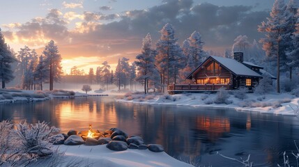 Cozy Winter Retreat in Scandinavian Log Cabin, generative ai