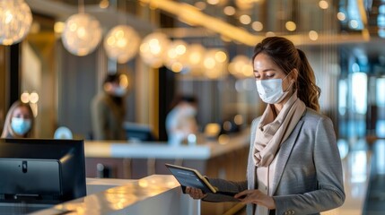A scene depicting check-in at a hotel, with a receptionist wearing a medical mask for virus protection and a businesswoman doing the check-in.