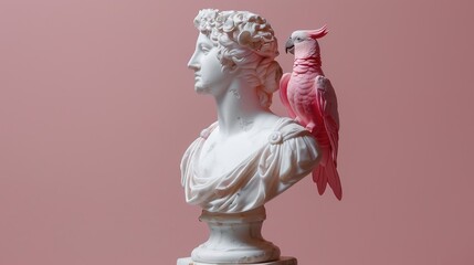 White Roman bust with pink toy parrot.