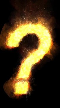 Vertical Burning Question Mark on Black 4K Loop features a question mark symbol flaming against a black background in a vertical ratio loop, not a.i.