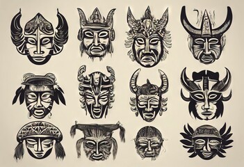 'masks Isolated engraving light background Primitive 8 Vector savages set illustration vintage...