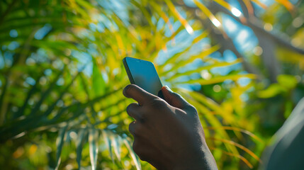 A black inspiring hand gently cradles a sleek smartphone against the backdrop of a lush, vibrant green palm tree.