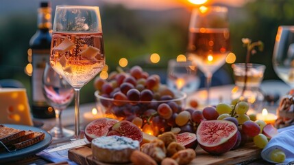 Beautiful table full of wine, cheese and snacks at dusk - obrazy, fototapety, plakaty