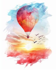 Take to the skies in a whimsical hot air balloon ride as the sun sets over a vibrant watercolor landscape. Soar above the clouds and let your imagination fly.