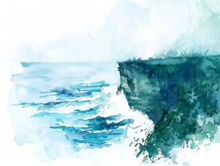 A watercolor painting of a cliff overlooking the ocean. The cliff is covered in a lush green forest, and the ocean is a deep blue. The sky is a light blue with hazy clouds.
