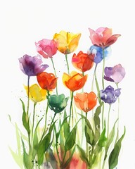Aquarelle painting of tulips in a field