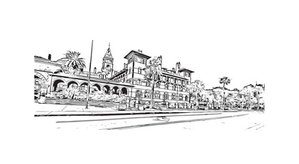 Print Building view with landmark of St Augustine is the city in USA. Hand drawn sketch illustration in vector.