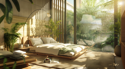 Fototapeta premium Sunny Green Oasis: Cozy Eco-Friendly Bedroom Interior. Generative AI