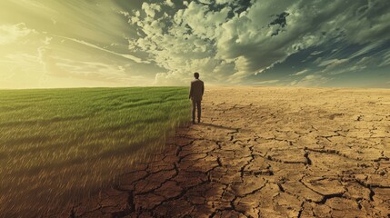 The concept of climate change, the contrast of a green, dry and barren field with a human silhouette