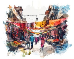 Vibrant watercolor painting of a bustling Indian market with people walking through the narrow streets past colorful stalls selling spices, textiles, and other goods.