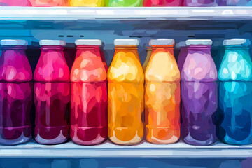 Illustration of a set of colorful bottles of juice in a supermarket